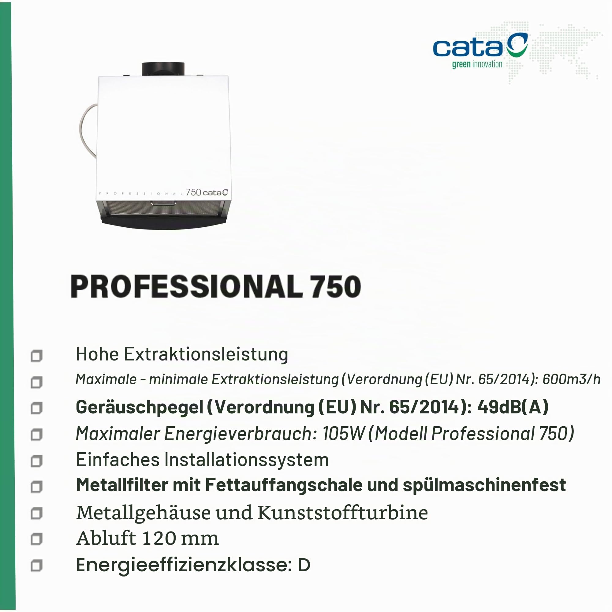 Cata Zentrifugallüfter 750 L Dunstabzugshaube 36,6 cm Energieklasse D Geräuscharmer Küchenventilator