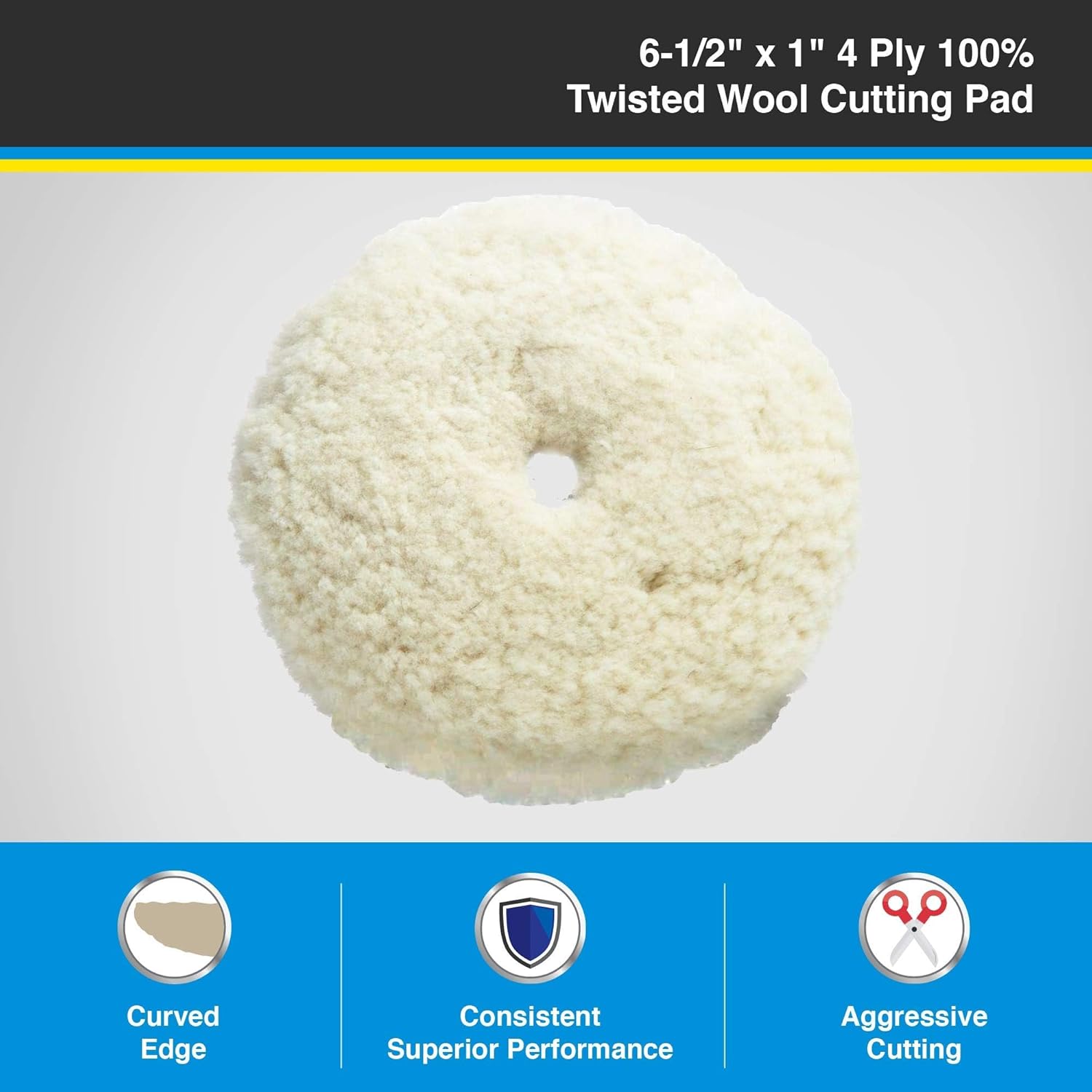 Lake Country 6.5” Twisted Wool Cutting Pad – 1-Pack – Curved Edge, 4-Ply 100% Wool, 1” Pile – Hook & Loop – Fits 6” Backing Plate - Image 4