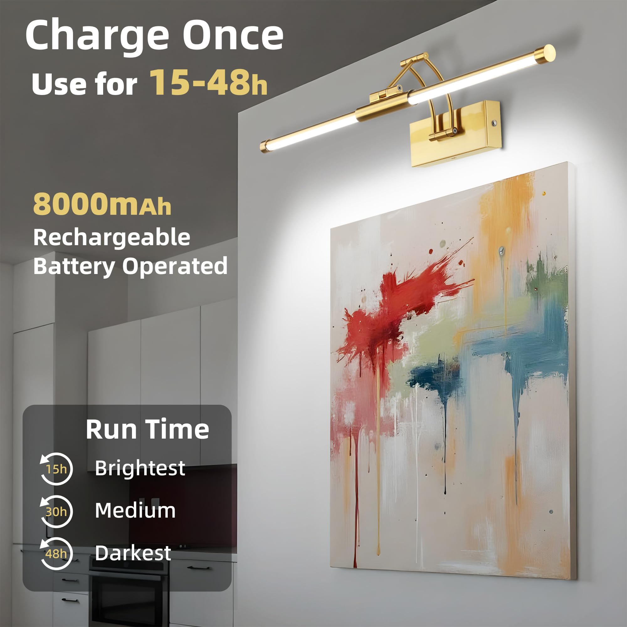 Bildbeleuchtung Kabellos, 8000mAh Akku Bilderleuchte 60cm Gold | LED Wandleuchte Innen mit Fernbedienung, Dimmbar 3 Farbtemperaturen & Timer, Bilderlampe für Gemälde, Foto, Dart Beleuchtung