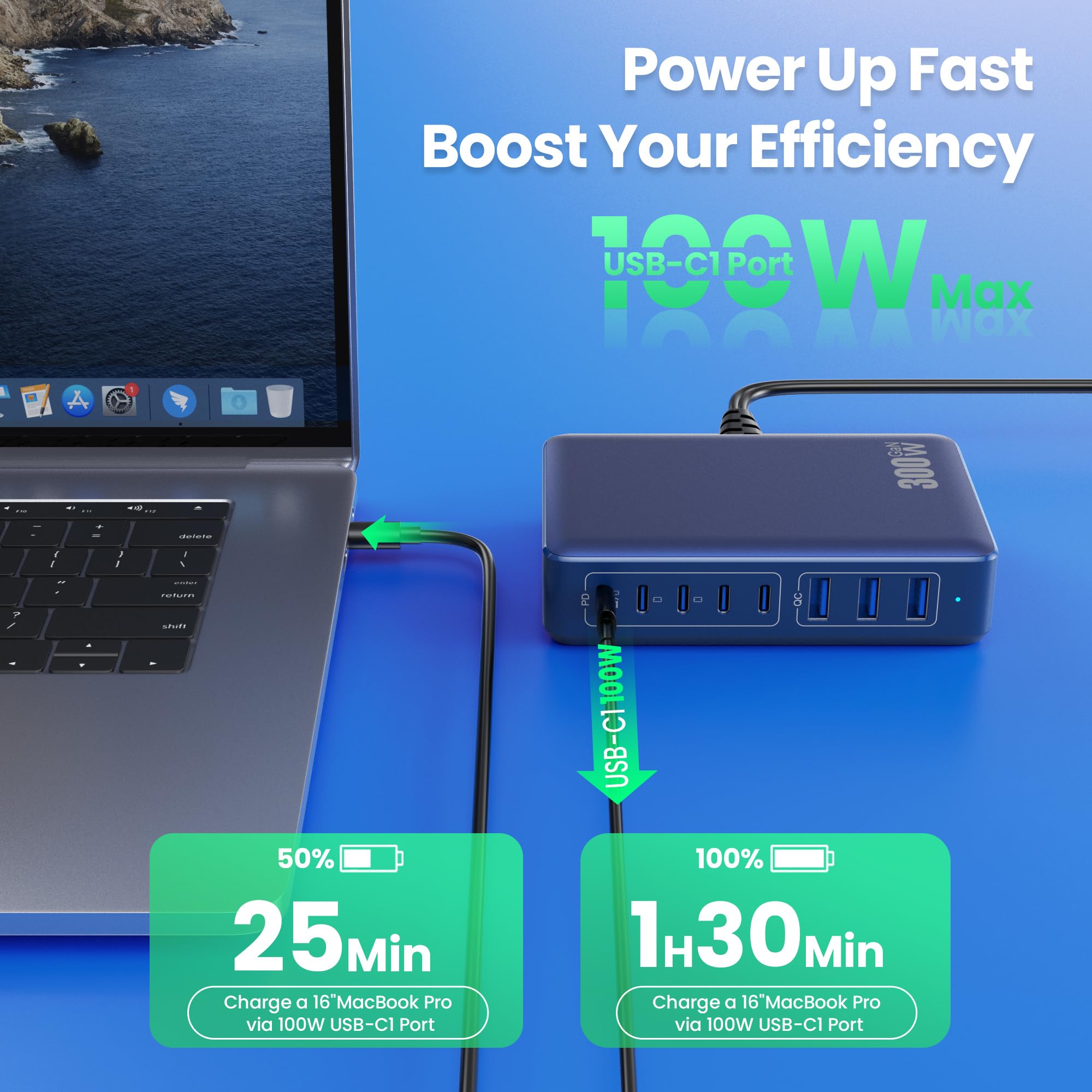 300W Chargeur USB C avec 8 Ports GaN Ⅳ Tech, 100W Chargeur Rapide PD QC PPS Prise USB C Multiple Station de Charge Compatible avec MacBook Pro/Air Laptop, iPhone, iPad Pro,Galaxy,SteamDeck-Bleu foncé