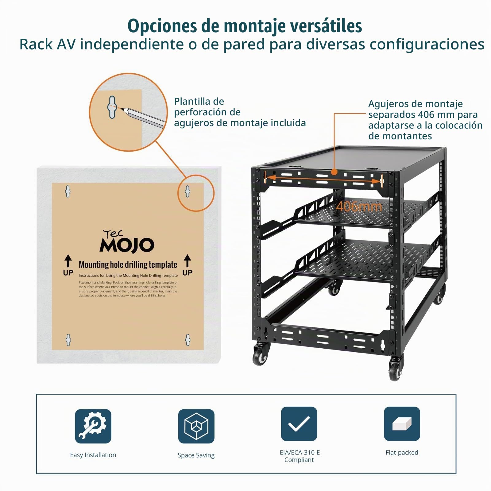 Tecmojo 19 Pulgadas 12U Open Frame 19" Rack de Red, Montaje en Suelo o en Pared, Armario de Red de 4 Postes con Ruedas, con 2 Estantes de 1U y Material de Montaje,Negro