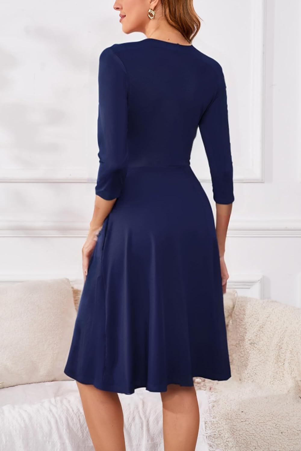 Women's Casual Dresses Vintage Wrap V-Neck 3/4 Sleeve Fit and Flare Midi Dress - Image 2