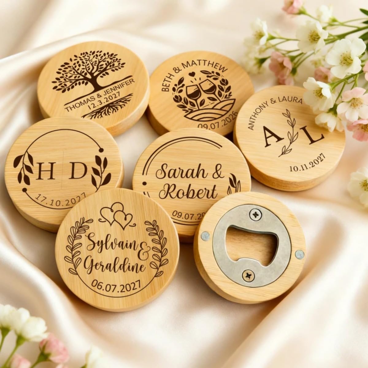 Abrebotellas de madera personalizado grabado redondo de madera abrebotellas de cerveza, dama de honor, recuerdos de boda (50 unidades)