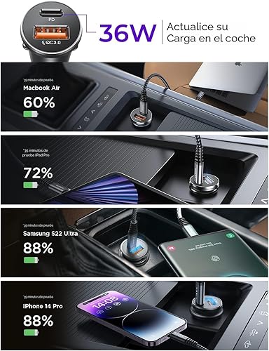 Miniatura 7 de LISEN Adaptador USB C para cargador de coche 2 unidades Mini y metal Cargador USB para encendedor de cigarrillos de carga rápida PD QC 3.0 USBC