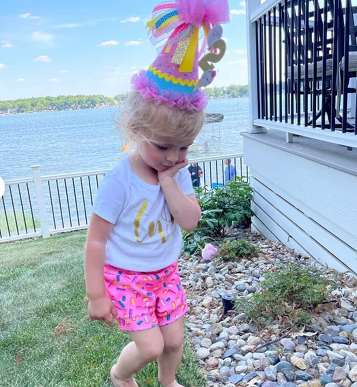 Hnyenmcko Baby Girl Birthday Outfit Toddler Baby 1st 2nd Sweet Romper Shirt Doughnut Shorts/Bell-Bottoms Pants Headband Set (Two Sweet- Shorts, 18-24 Months)