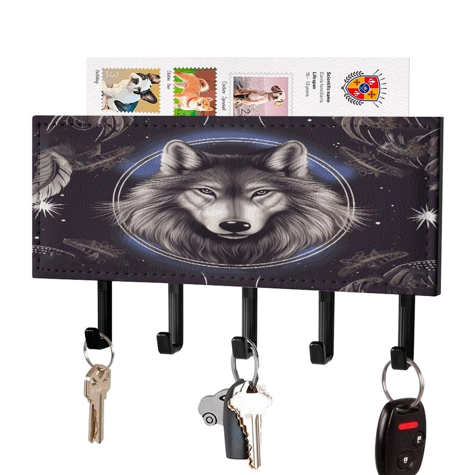 LDGSUPH Wolves and Dream Catchers Key Holder Wall Mount Key Hanger with 5 Hooks Fashion Key Organizer Rack Hanging Key Hooks with Mail Organizer Key Rack for Home Entryway Hallway Black-Style
