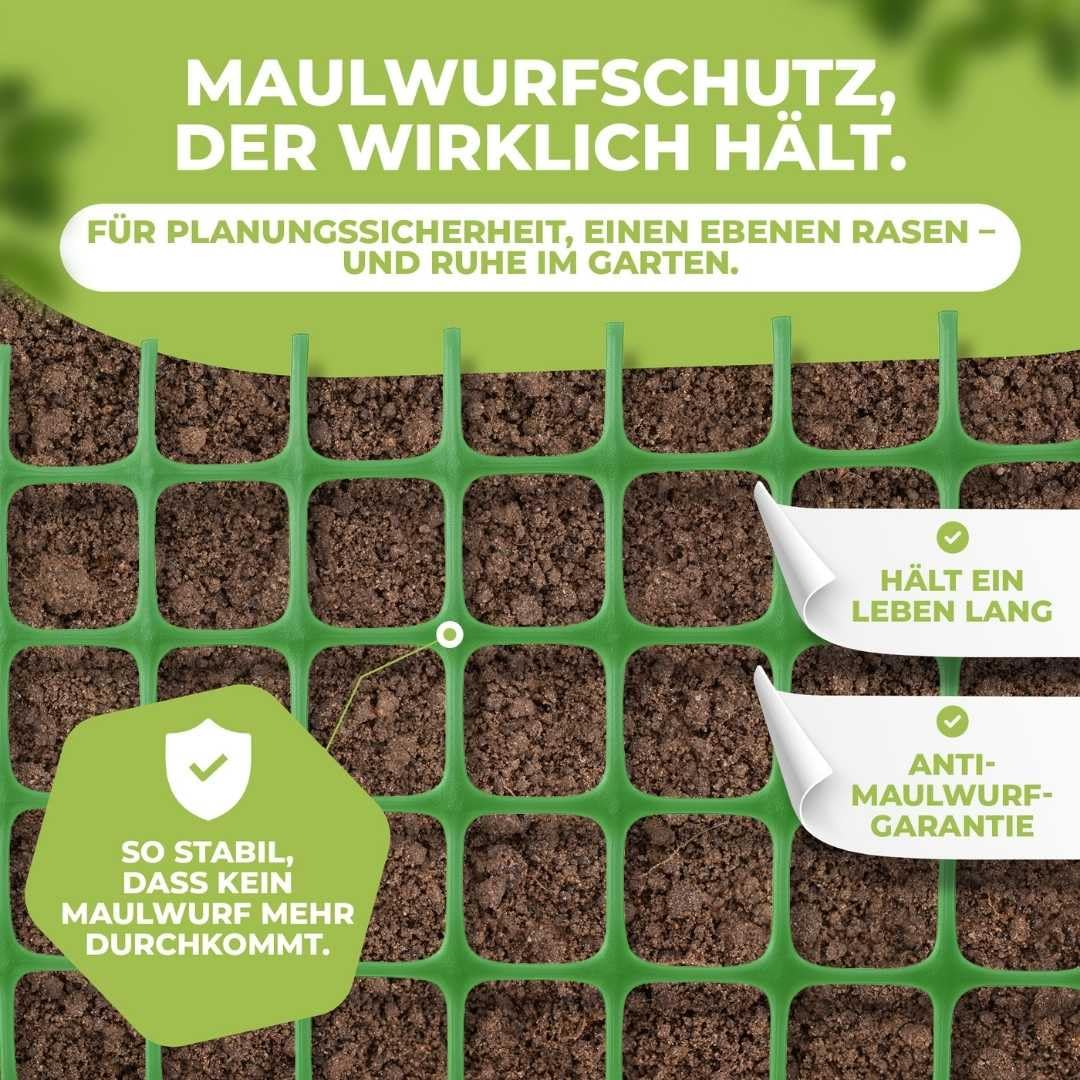 Florade® Premium Maulwurfgitter | Grün | 330g/m² | Effektiver Schutz für den Garten | Robust, langlebig, leicht anzuwenden | Maulwurfshügel verhindern