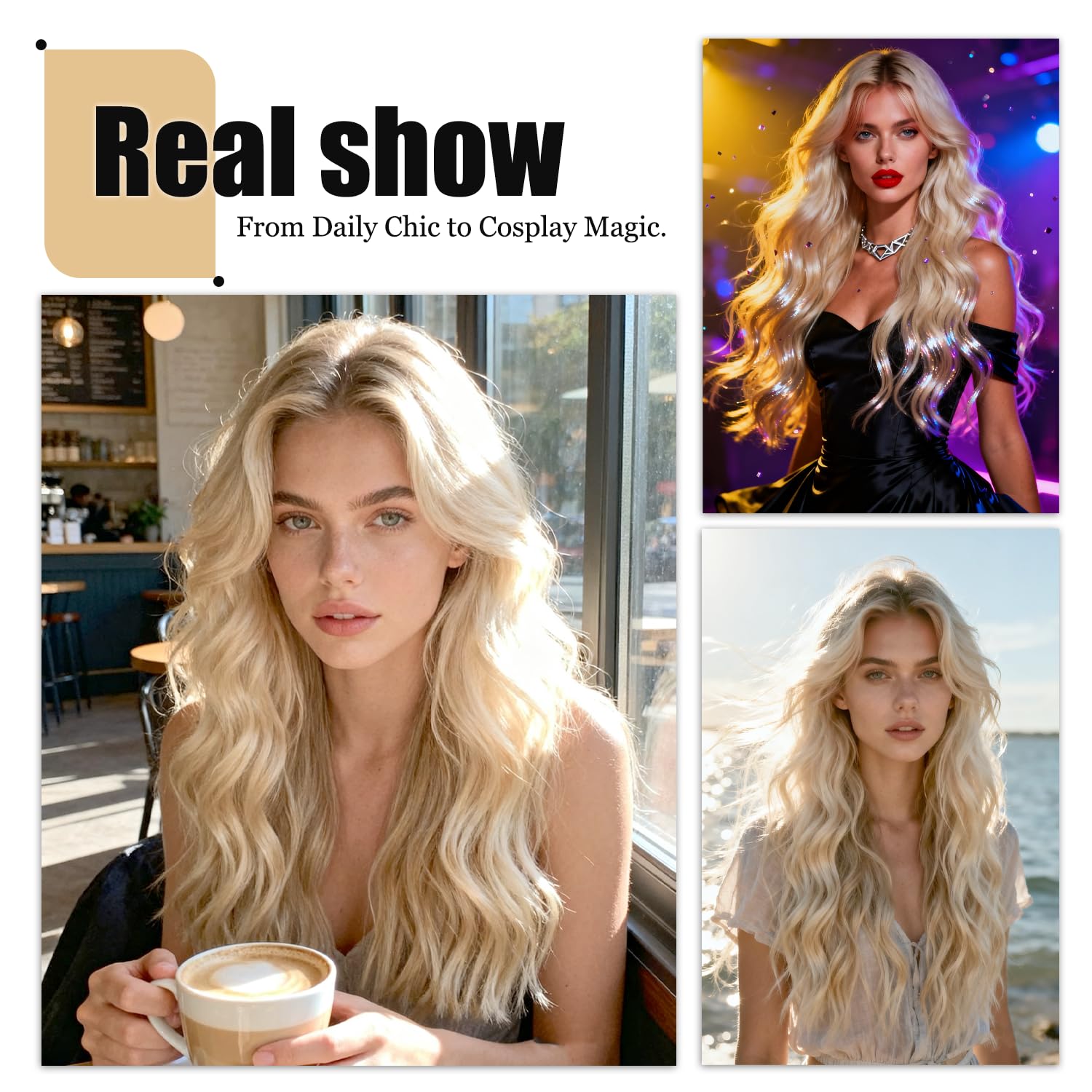 Long Ombre Ash Blonde Wavy Wig with Curtain Bangs for Women 26 Inch Heat Resistant Synthetic Wig Natural Looking Ombre Blonde Wavy Hair for Daily Wear, Party, Cosplay, Halloween - Image 5