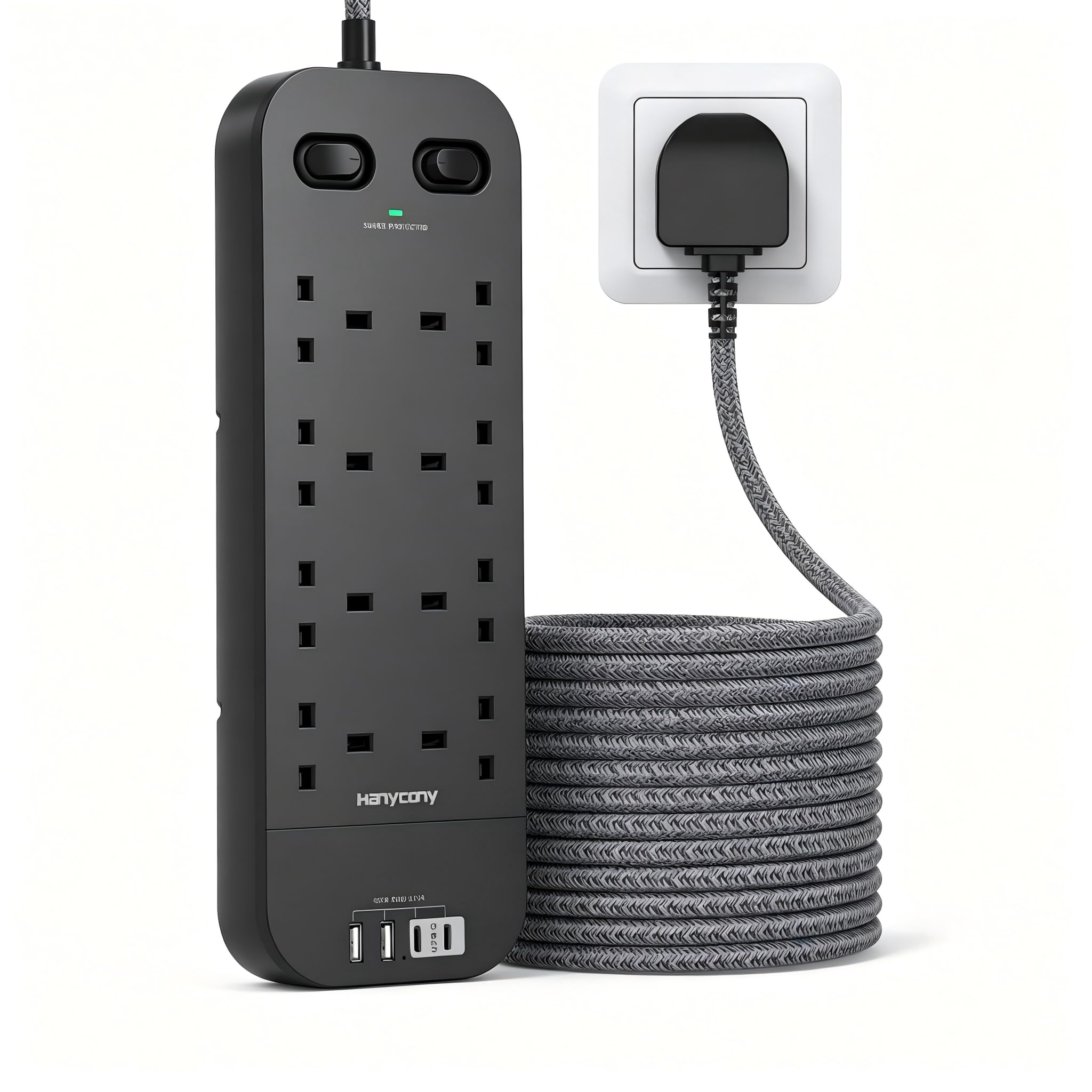 Extension Lead with 2 USB C Slots, 8 Way Outlets Power Strip with 4 USB Ports, 1800J Surge Protection Double Switch Plug Extension with 1.8M Braided Extension Cord for Home, Office — view 8