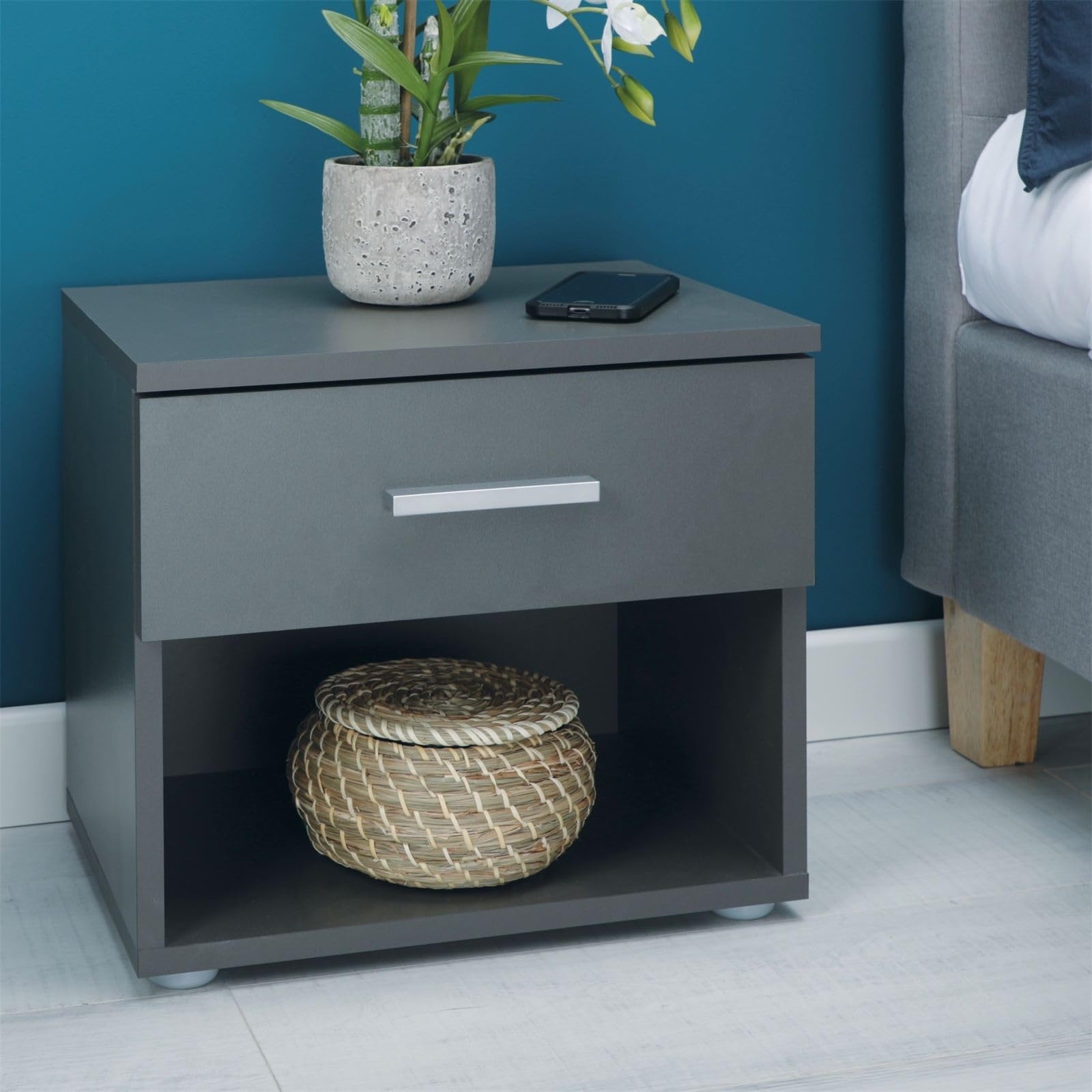 IDIMEX Table de Chevet MAEL, Table de Nuit casier avec 1 tiroir et 1 Niche, en mélaminé Gris Mat