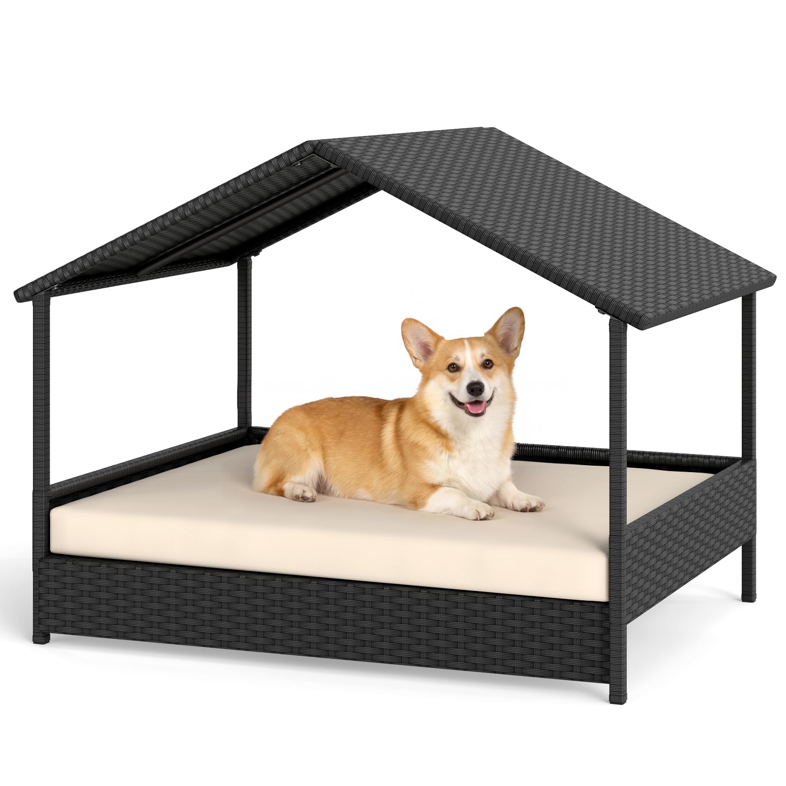 GYMAX Elevated Dog Bed, Raised Rattan Dogs House with Removable Cushion and Canopy, Indoor Outdoor Pet Shelter for Small Medium Dogs Cats (Beige+Black)