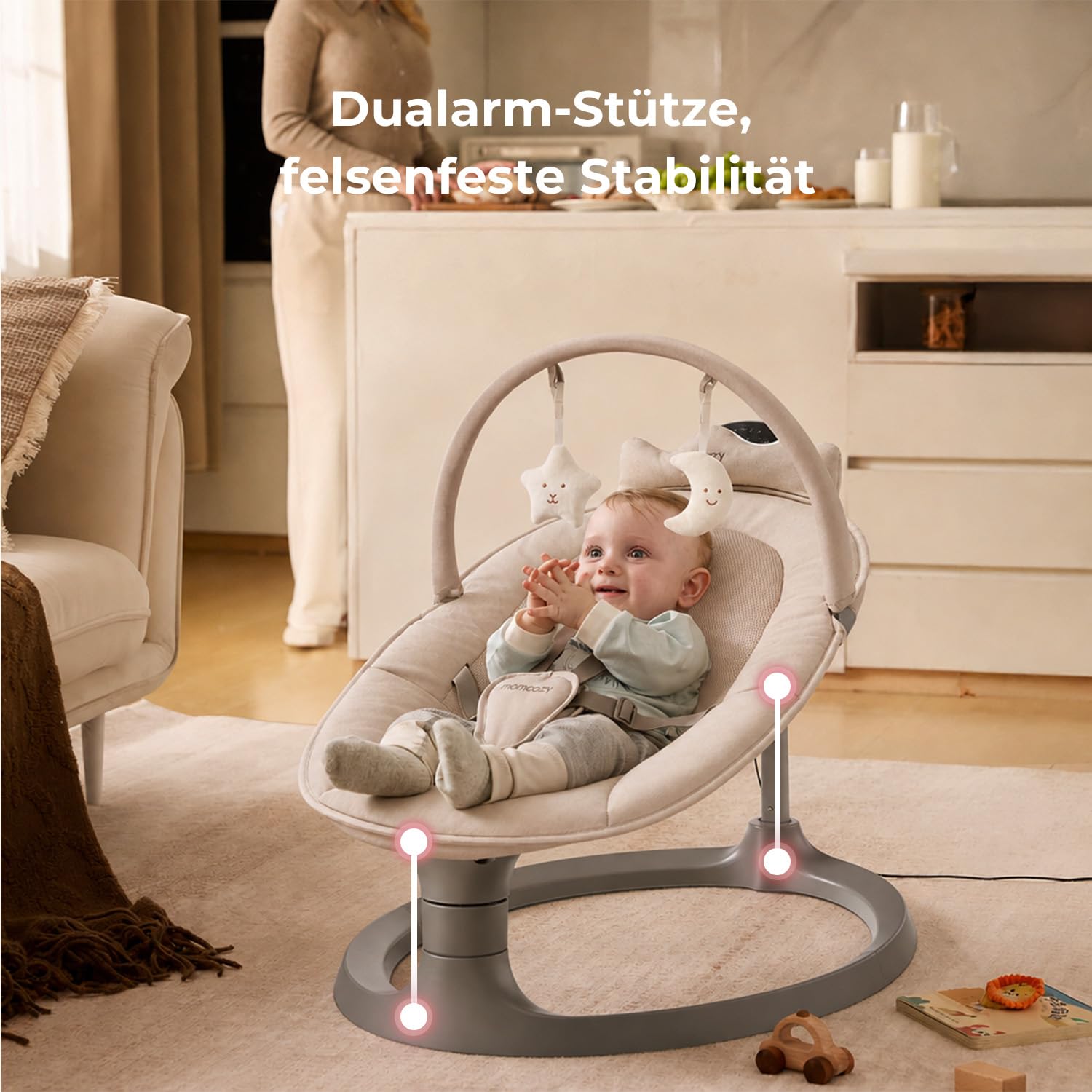 Momcozy 2-in-1 Elektrische Babywippe, 4 Bewegungen & 4 Geschwindigkeiten, Doppelarm-Struktur, 2 Liegepositionen, Wiegenlieder & Plüschspielzeug, Ab Geburt bis 30 kg, 0-6 Jahre