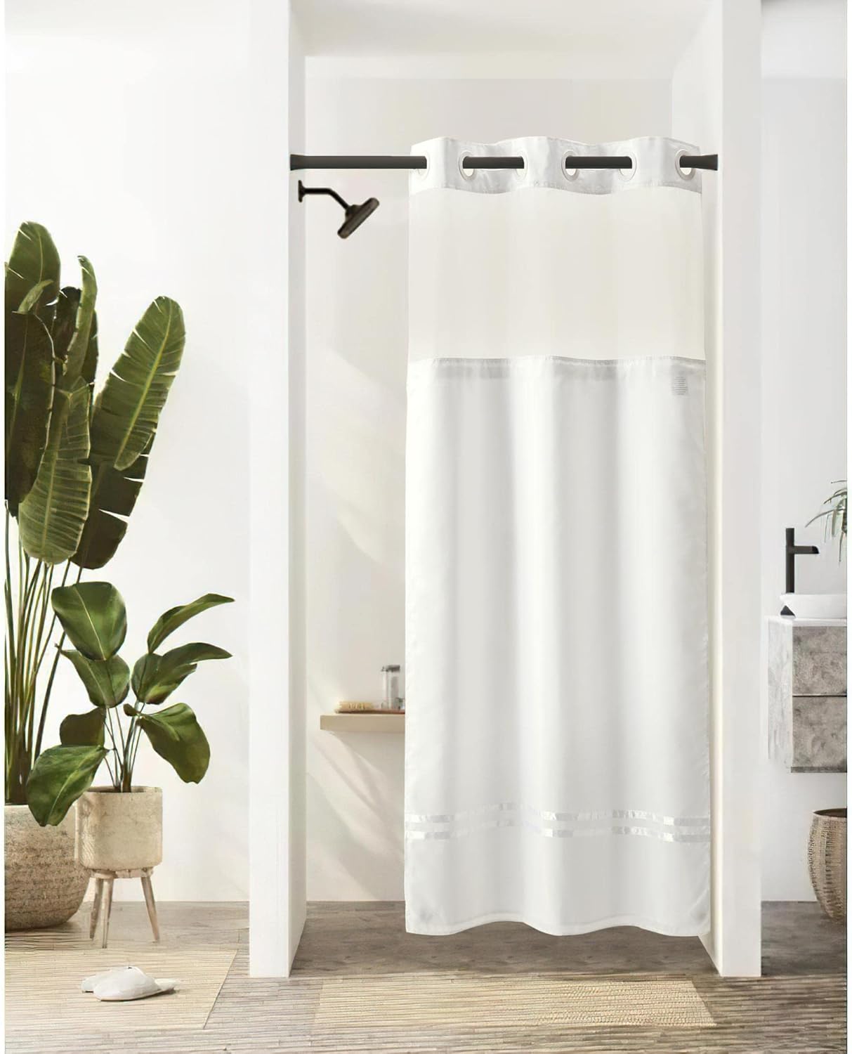 River Dream Stall Shower Curtain with Snap in Liner,No Hooks Needed Shower Curtain for Bathroom,Hotel Grade,Machine Washable,36" W×74" H,White,with White Stripe and Magnets