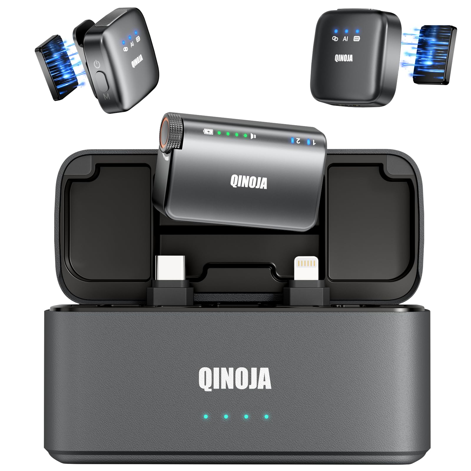 Micro Cravate sans Fil pour iPhone/Android/Caméra/Ordinateur - Réglage du Gain, Réduction du Bruit par IA, Boîtier de Recharge, Mini Microphone Magnétique pour Vlog, Streaming