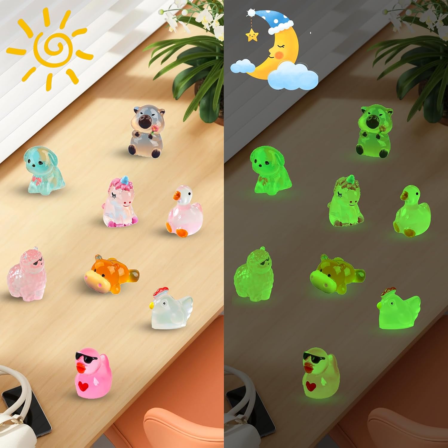 50 Pcs Glow in Dark Mini Resin Animals, Non-Repeating Assorted Styles