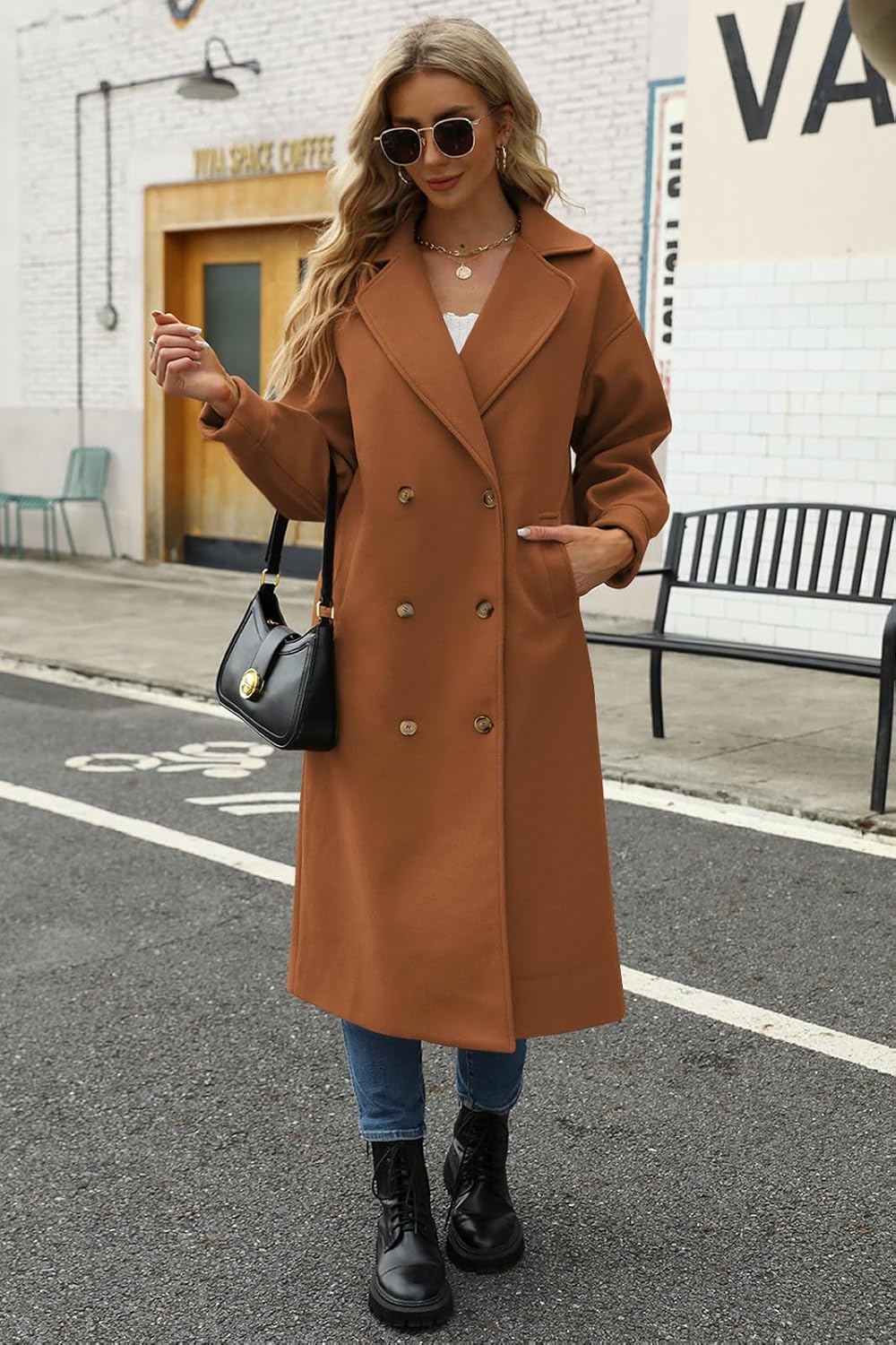 BZB Women's Long Coat Notched Lapel Collar Double Breasted Pea Coat Winter Elegant Wool Blend Over Coats Jackets - Image 5