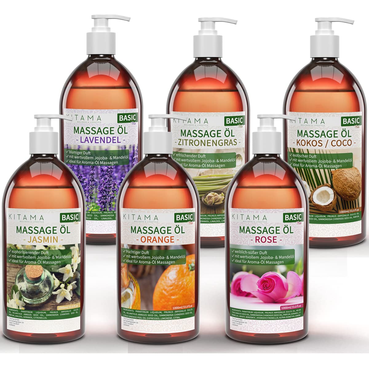 Kitama Massageöl Aroma Set 6 x 1L - Rose Jasmin Orange Lavendel Kokos | Authentisches Thaimassage-Öl Set mit 6 Aromen inkl. Zitronengras. Hautfreundliches Körperöl für Spa, Wellness & Massage