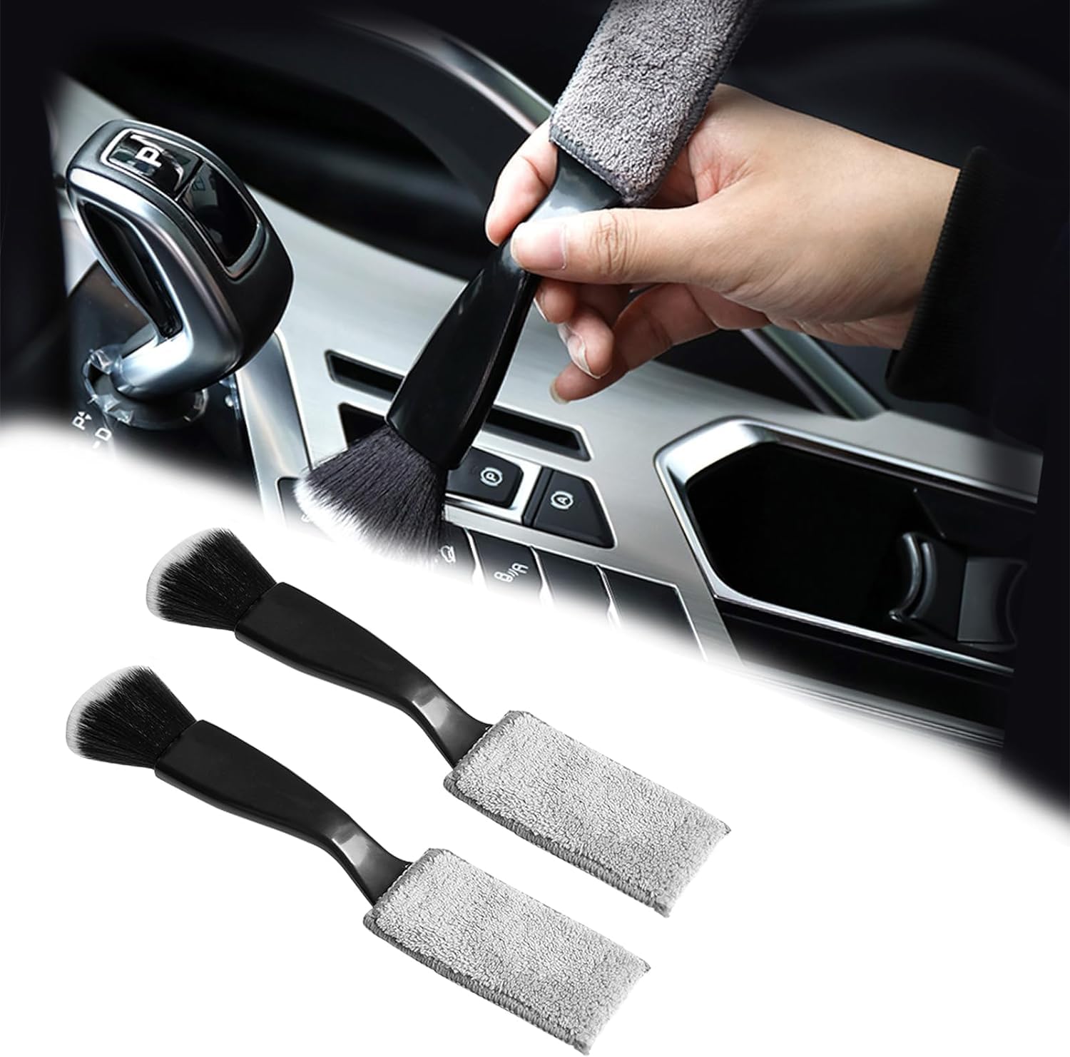 Lonimia 2Pack Double Head Brush for Car Clean,2 in 1 Car Duster for Detailing Interior,Soft Car Detailing Brush,Car Air Vents Dashboard Screen Clean Brush Black