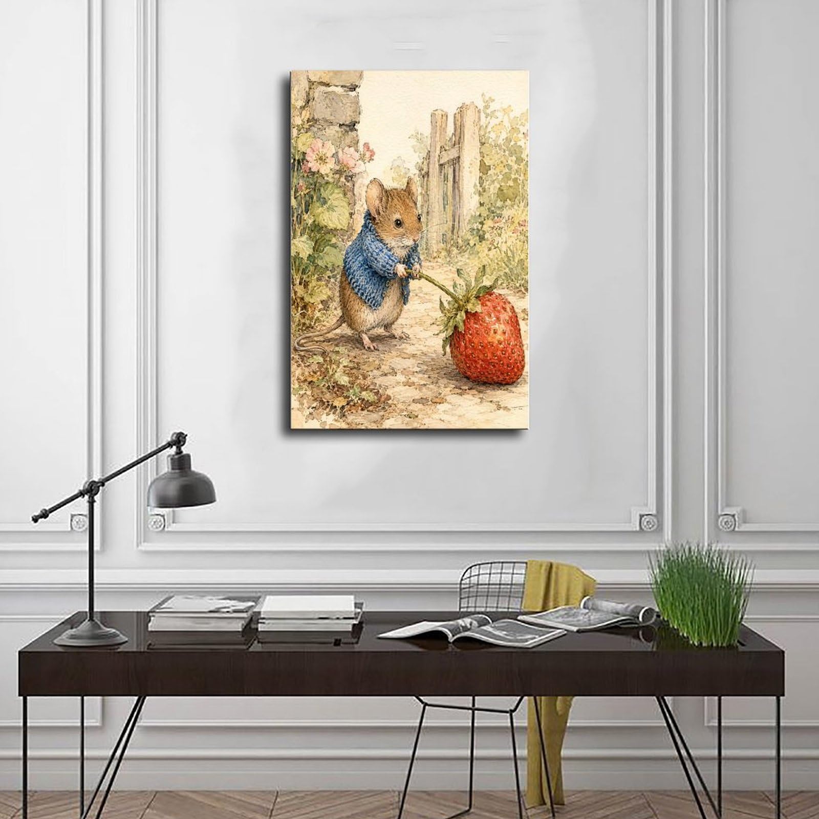 W7C8U2X3 Raton con Fresa Cuadro en Lienzo, Ilustracion Tierna Dormitorio | Libro de cuentos, Cuadro en Lienzo Estudio, Jardin de cuentos, Oficina, Arte Folk, Lienzo de Pared, 20x30inch(50x75cm).