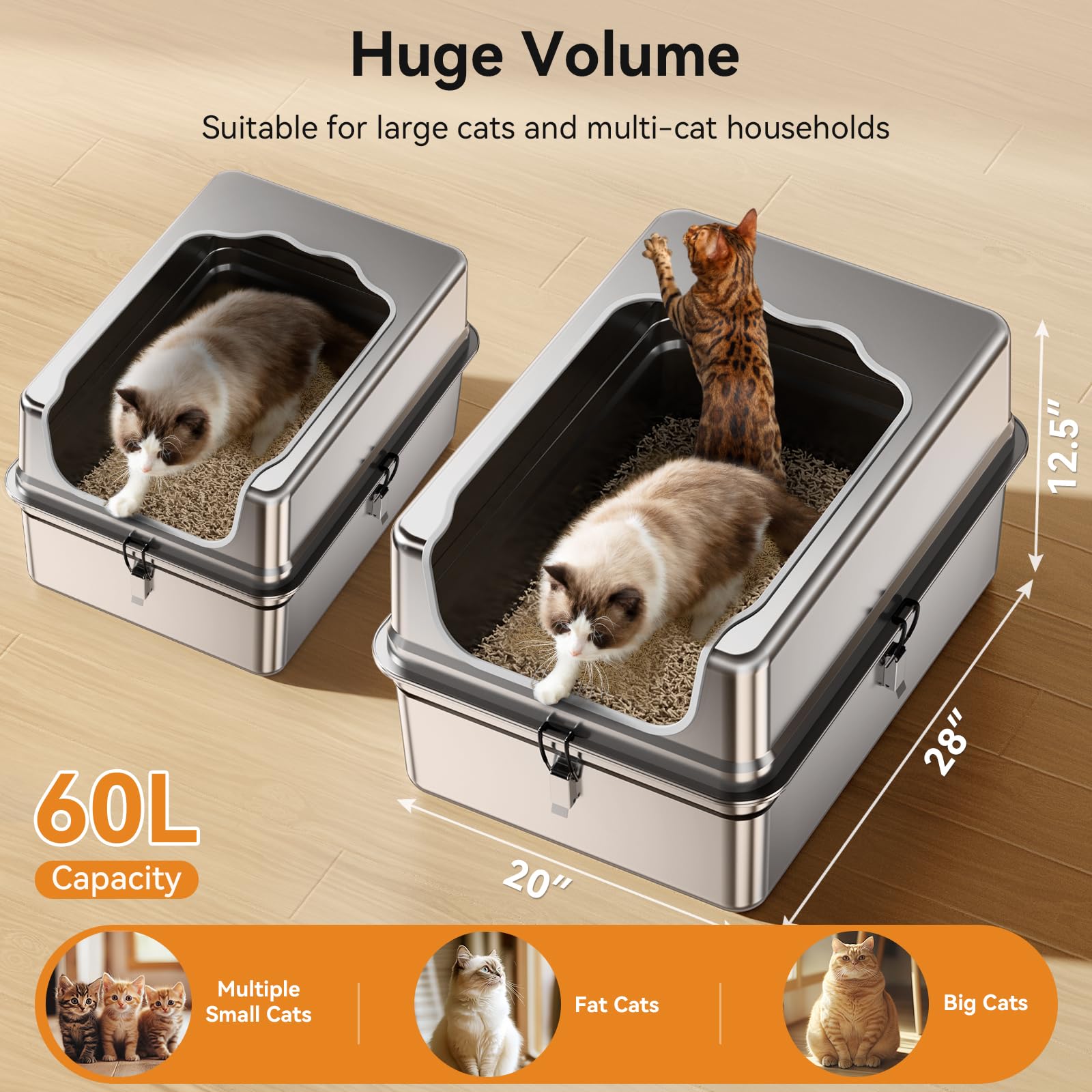 XXXL Stainless Steel Litter Box,28"L*20"W*12.5"H Large Capacity Metal Cat Litter Box for Big & Multiple Cats,Anti-Leakage,Non-Stick Surface for Easy Cleaning,Odor-Resistant,Scratch-Resistant - image 2