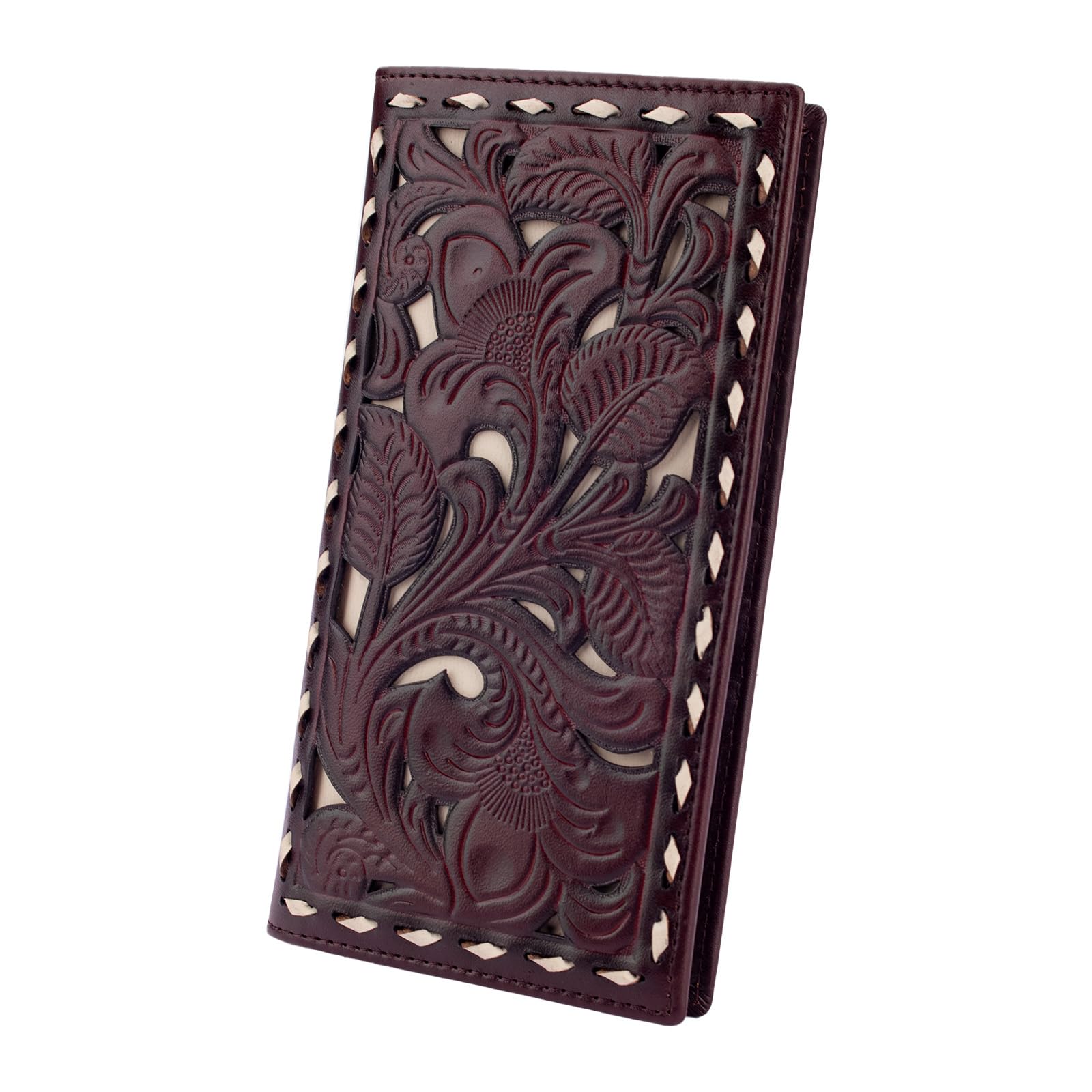 MUXILING Men's Rodeo Wallet Western RFID-Blocking Leather Wallet Bifold Long Cowboy Long Wallets With Floral Inlay Buckstitch