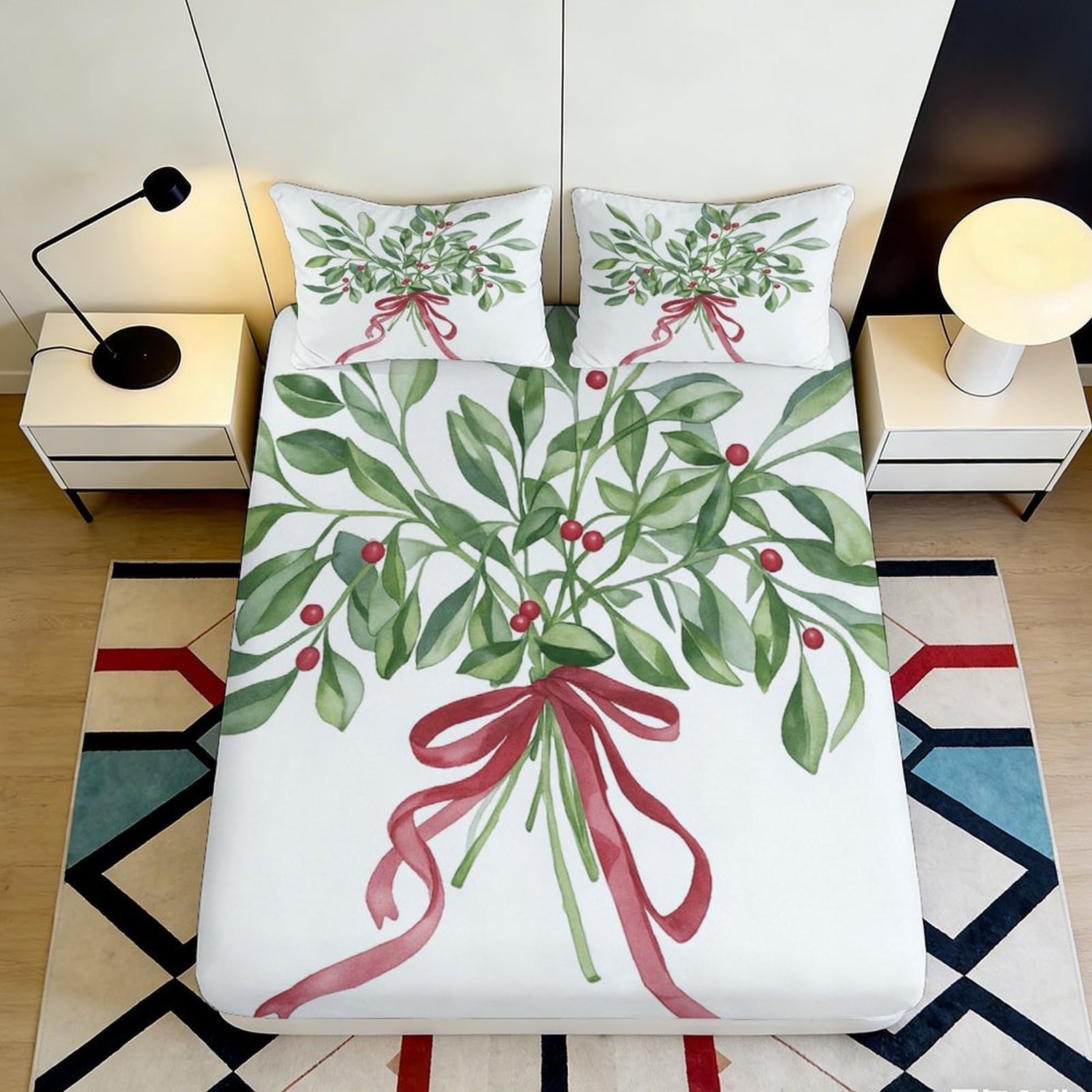 Jqzkxnhpbr Style-1 3D Printed Botanical Ribbon Fitted Sheet Microfiber Soft Green Red Leaves Bed Cover For Bedroom Guest Room Decor 90X200x25cm