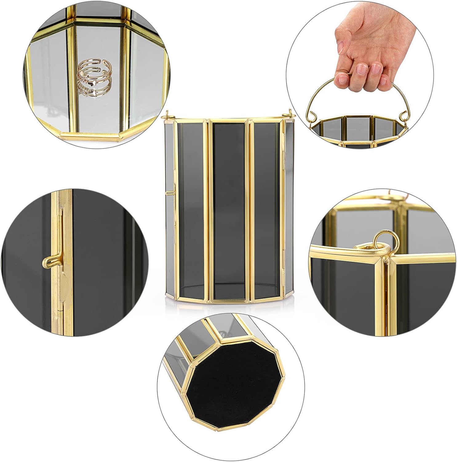 OwnMy Gold Geometric Hurricane Candle Holder Metal Pillar Candle Stand Decorative Candle Lantern with Handle, Glass Terrarium Vase Geometric Candlestick Candle Centerpiece for Table Wedding, Black : Home & Kitchen