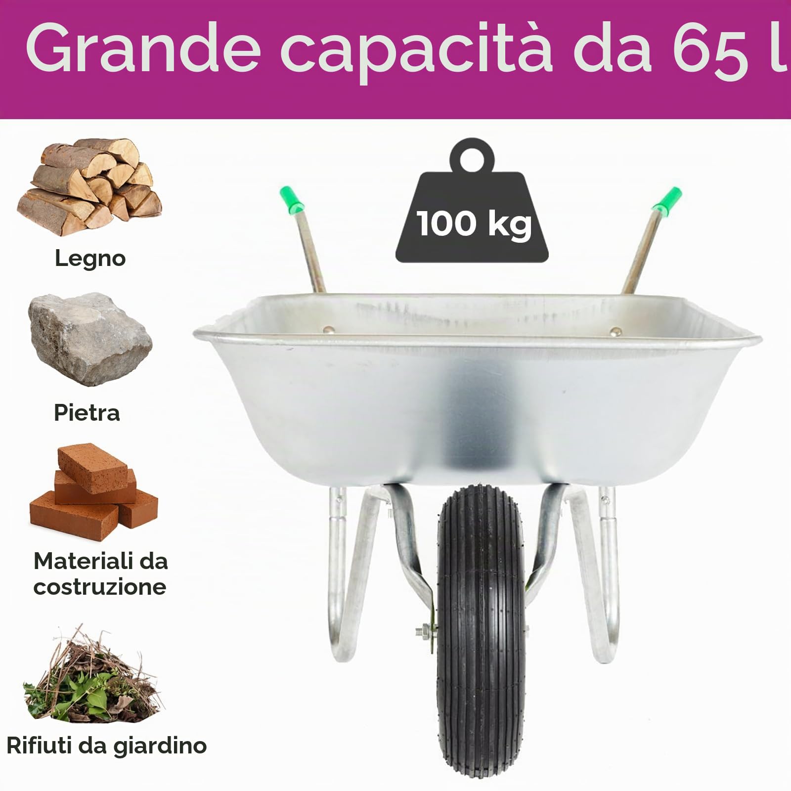 Neo® 65L, carriola da giardino con telaio in acciaio zincato e ruota pneumatica