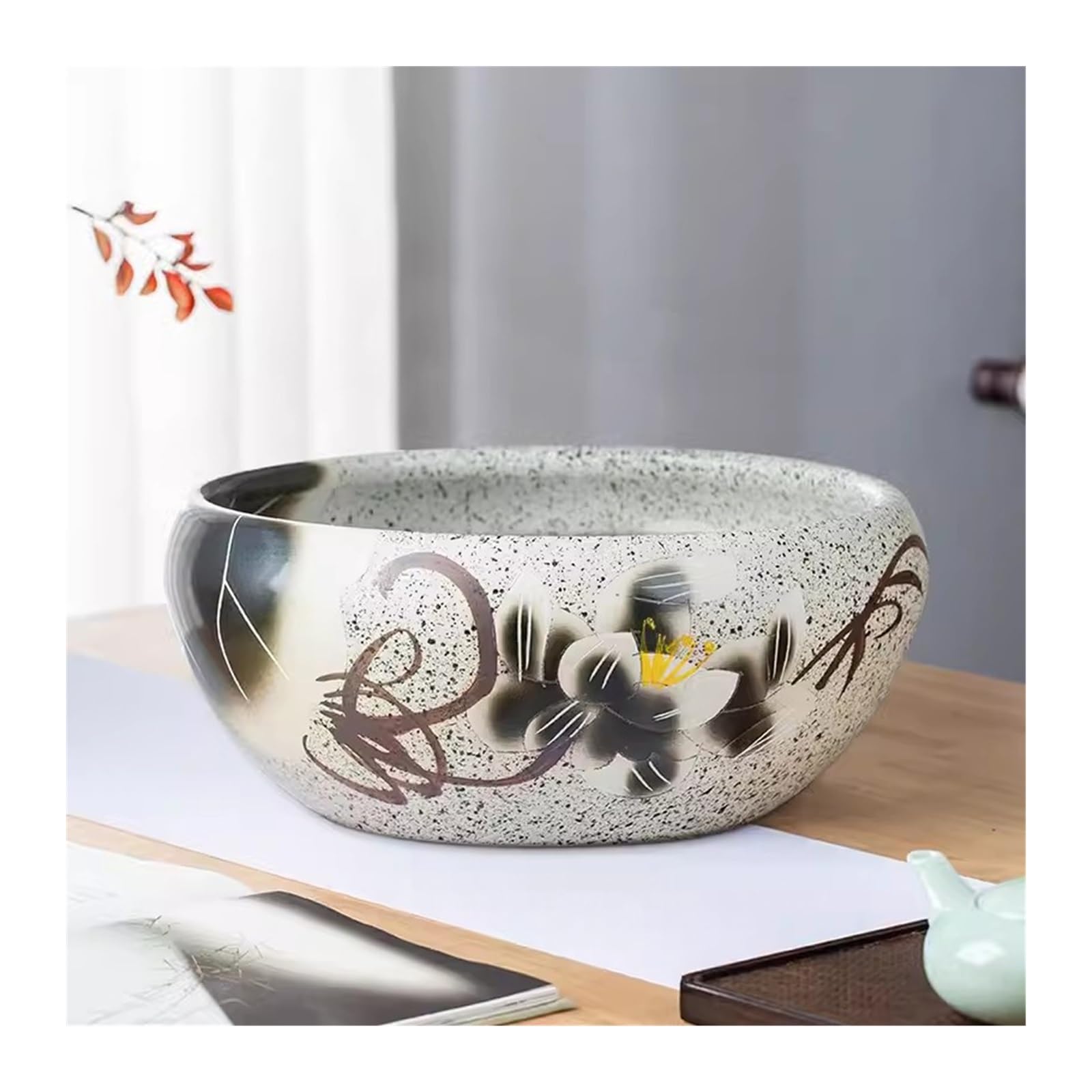 pecera decoración de escritorio, pecera de cerámica pintada a mano, lirio de agua, maceta de loto, jardín, jardín, pecera de cristal (32 cm)