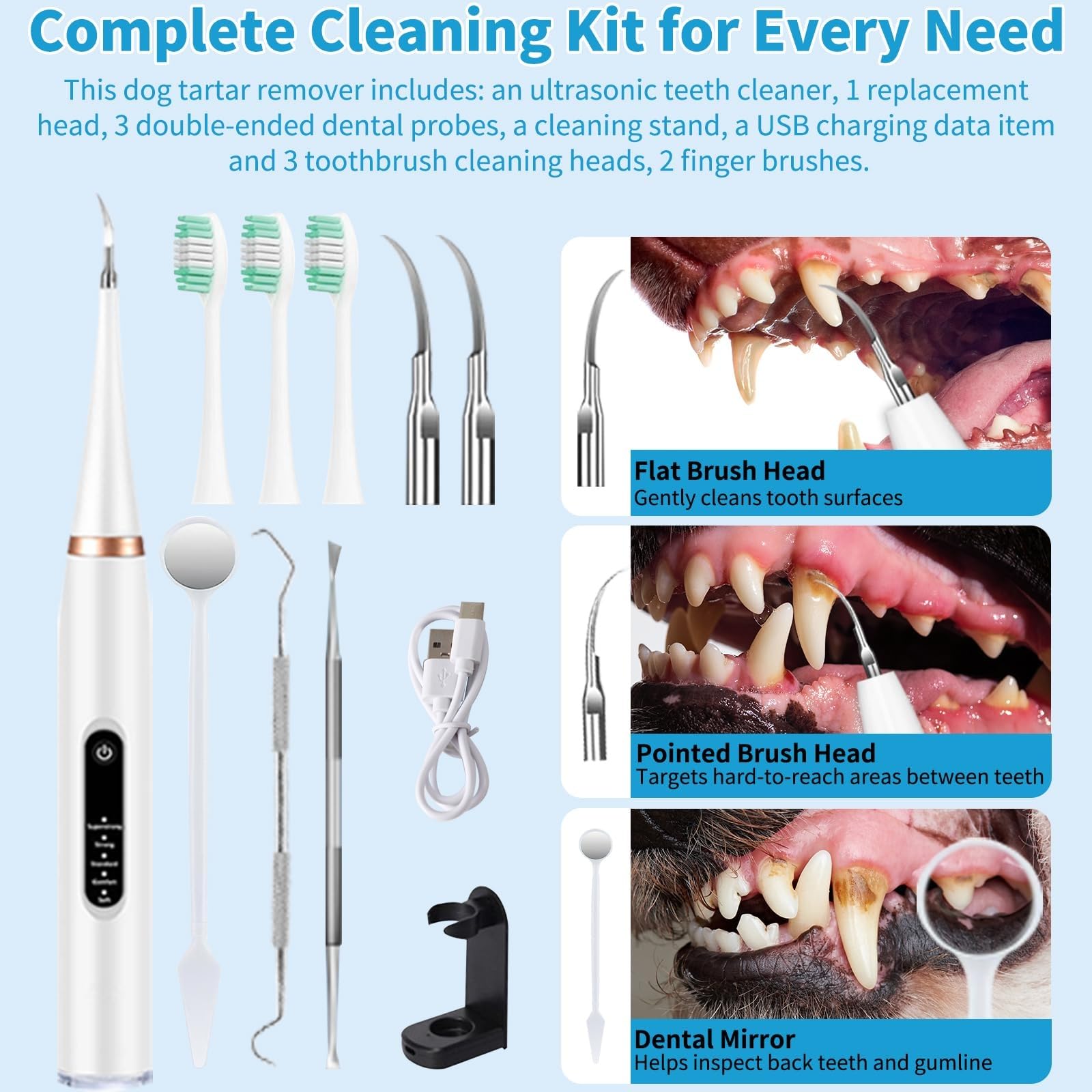 ZampaDent Dispositivo Professionale Per La Pulizia Dentale Del Cane-Kit Pulizia Denti Per Cani E Gatti, 5 Modalità Di Pulizia, Ricarica USB, Rimozione Tartaro E Macchie (Bianco,B)