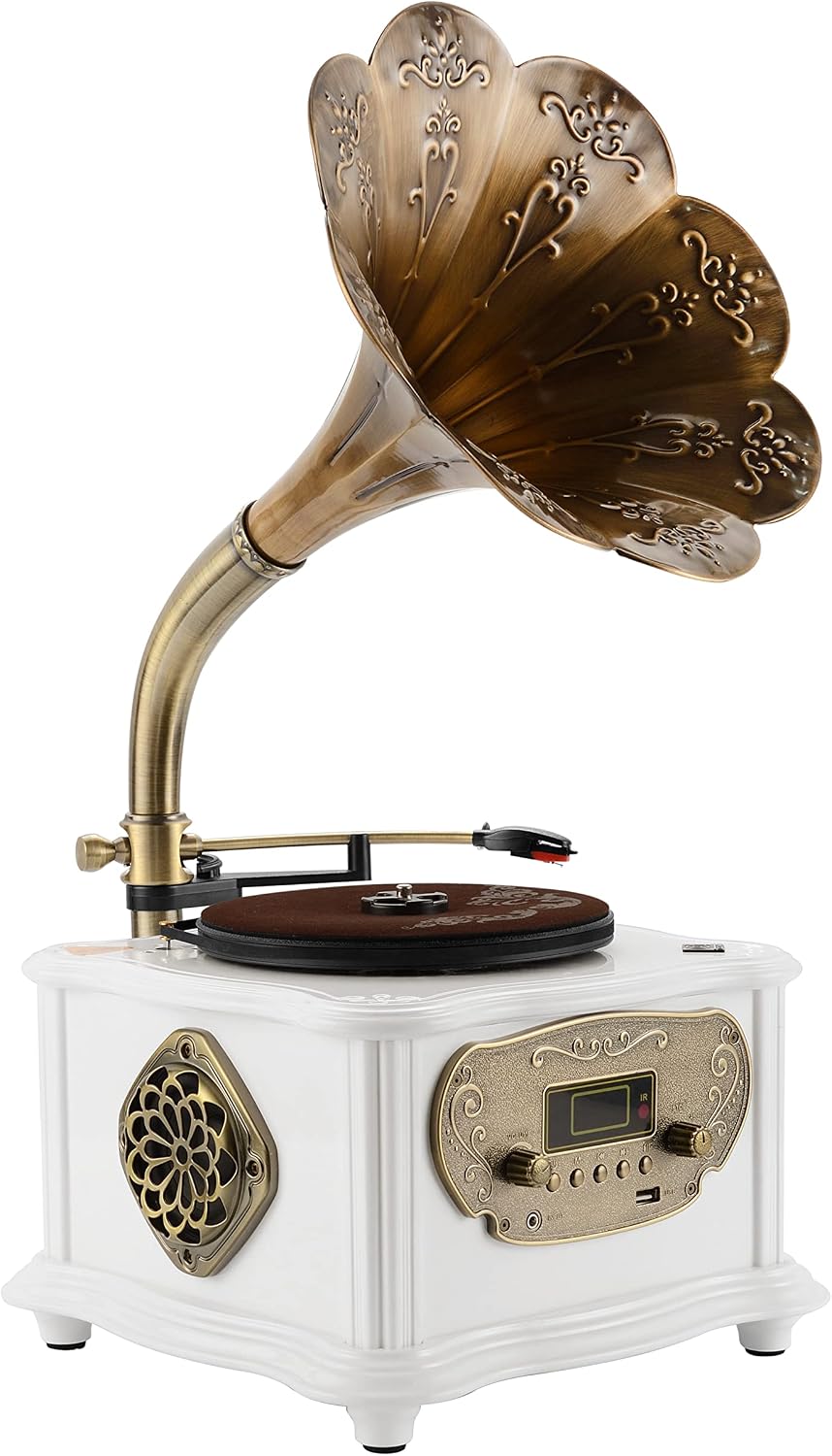 Turntable Vinyl Record Player Gramophone Phonograph Stereo Speakers System Bluetooth, FM Radio & USB Flash Drive, Aux-in Jack, with Alloy Base and Copper Horn