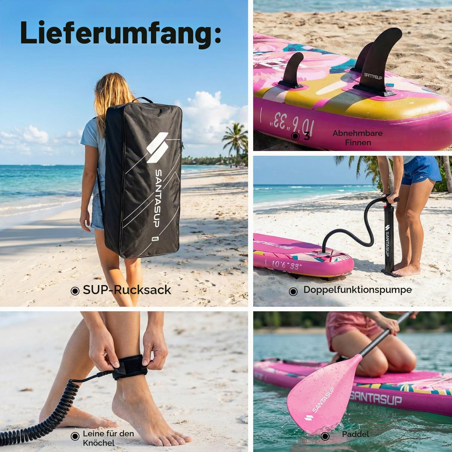 SantasupAufblasbares Stand Up Paddle Board 320/335cm Surfbrett SUP Komplettes Paddleboard Zubehör Verstellbares Paddel,Pumpe und Komplettes Zubehör SUP Board Set für Jugen und Erwachsene