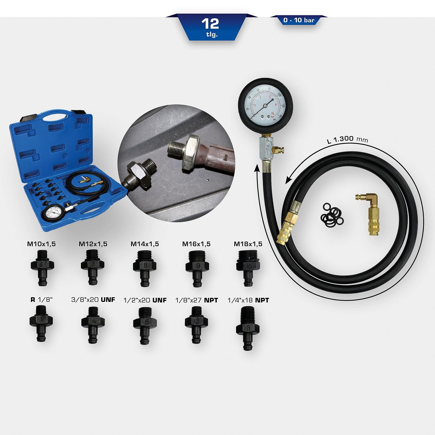 BRILLIANT TOOLS BT581450 Set tester pressione olio, 12 pz [Powered by KS TOOLS]