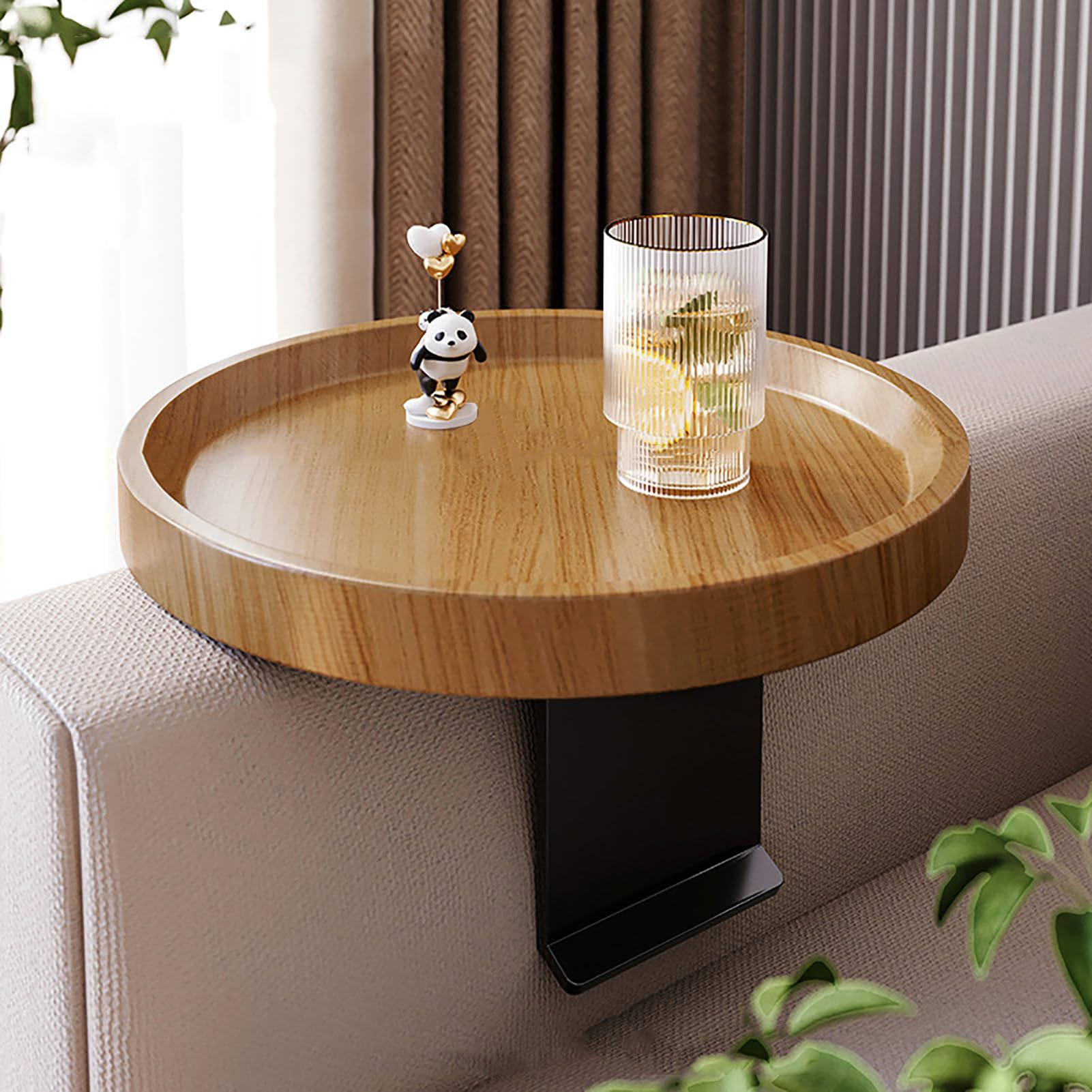 Mesa de sofá ajustable redonda bandeja de brazo de sofá de madera estable para tazas