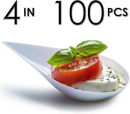 Vista 7 de DLux 100 4-in Tear Drop Mini Appetizer Plates, Reusable White Plastic Spoons - Desserts and Appetizers Dishes Serving Plate - Asian Spoon Set, Small