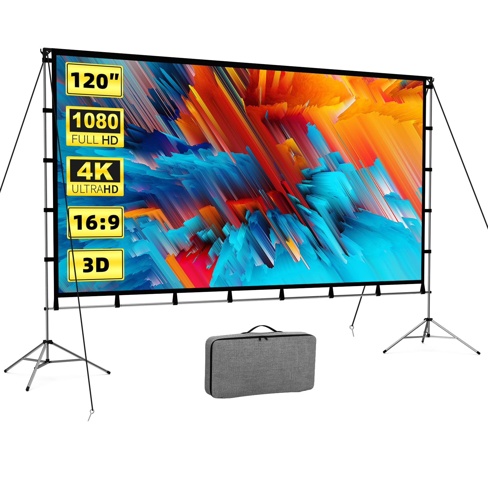Vamvo - Pantalla de proyector portátil para exteriores, con soporte de aleación de aluminio, pantalla de proyector plegable de 120 pulgadas, pantalla de cine interior de 10 pies con bolsa de