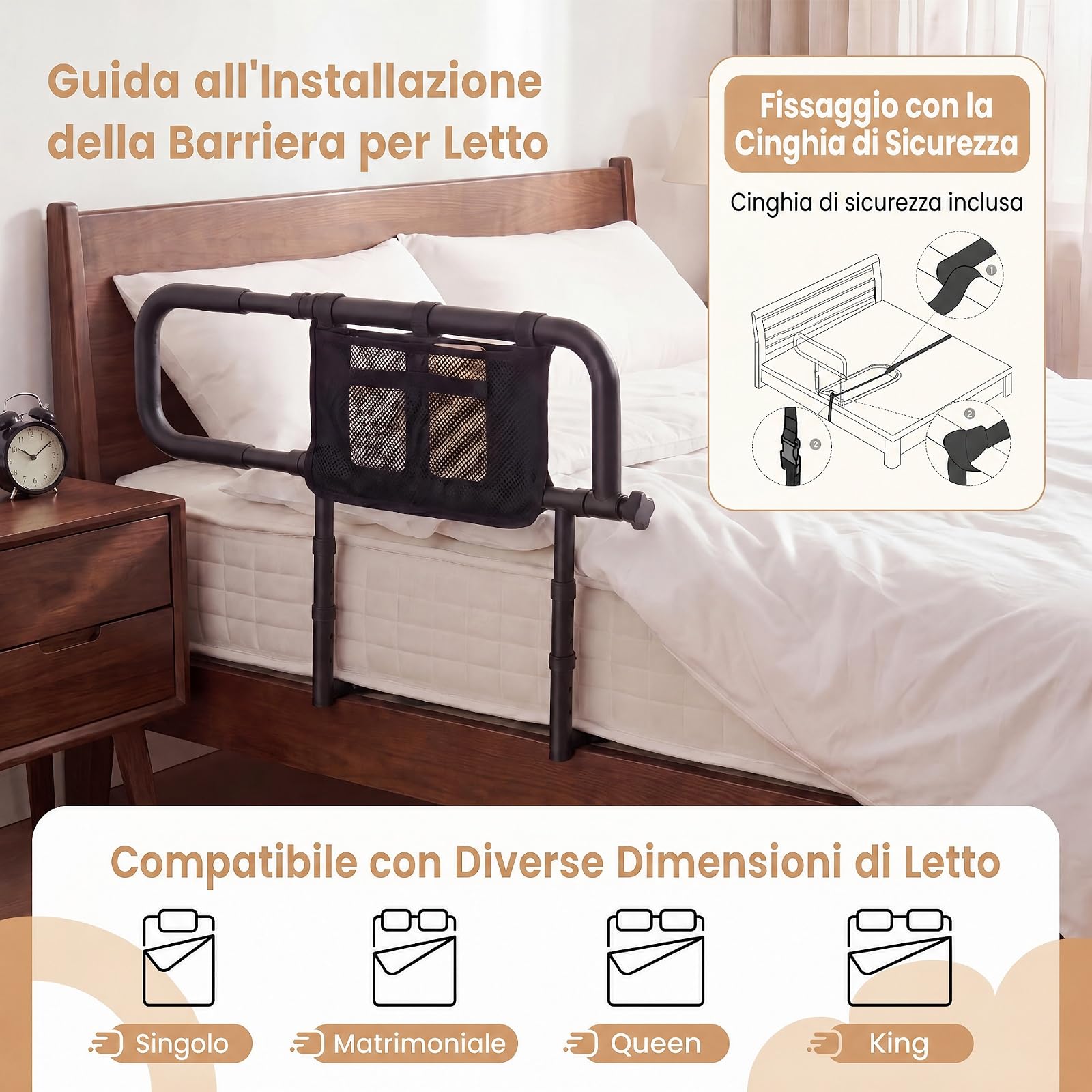 RELAX4LIFE Sponda Letto Anziani, Altezza e Larghezza Regolabili (Nero) | Sbarra Letto Pieghevole con Maniglia Imbottita e Tasca Portaoggetti Rimovibile, Ausili per Alzarsi per Anziani e Pazienti