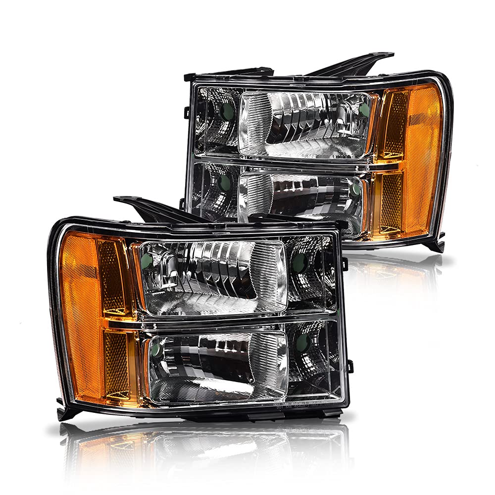 PIT66 Headlights Assembly Compatible with GMC Sierra 1500 2007-2013 /Fit for GMC Sierra 2500HD 3500HD 2007-2014，Clear lens Chrome Housing Amber Reflector