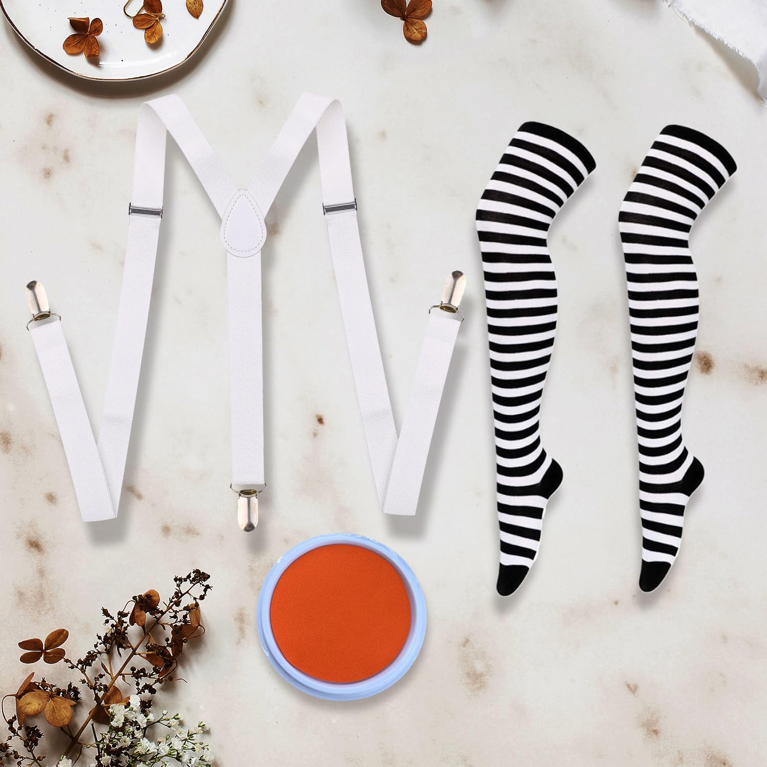 DVOFU 6Pieces Chocolate Worker Costume Set Wig Eyebrows Striped Tights Suspenders Orange Facepaint Gloves Adults World Book Day Dress Up for Women Men - Image 4