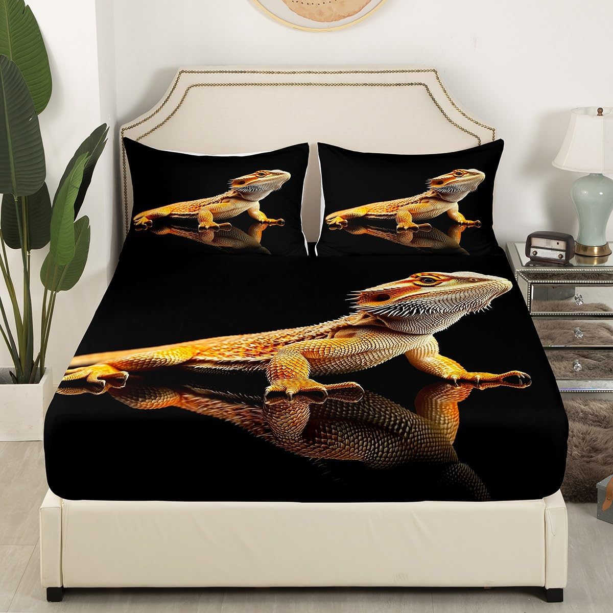 jejeloiu Bearded Dragon Bed Sheets Set Queen Size Wild Lizard Bedding Set for Kids Wildlife Animal Bed Cover Women Men Teens Ultra Soft Decor Bed Set with Deep Pocket Fitted Sheet