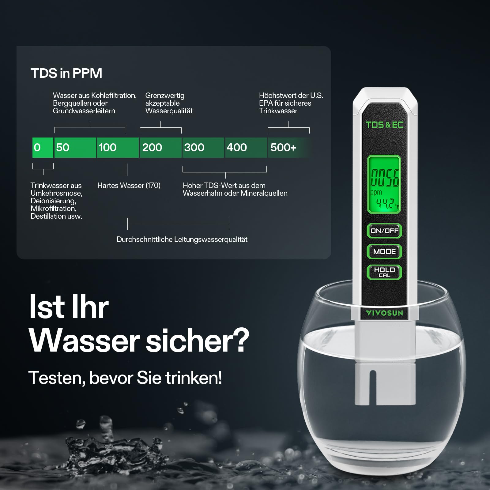 VIVOSUN Digitales pH- und TDS-Messgerät-Kits, 0,01 pH hohe Genauigkeit Stifttyp pH-Messgerät ± 2% Ablesegenauigkeit 3-in-1 TDS EC Temperaturmessgerät für Hydrokultur, Pool und Aquarium, Schwarzweiß,