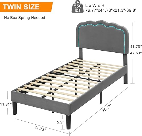 Miniatura 42 de VECELO Base de cama tapizada de tamaño individual con cabecero ajustable, luces LED, USB-A y tipo C, plataforma de terciopelo sin ruido, base de