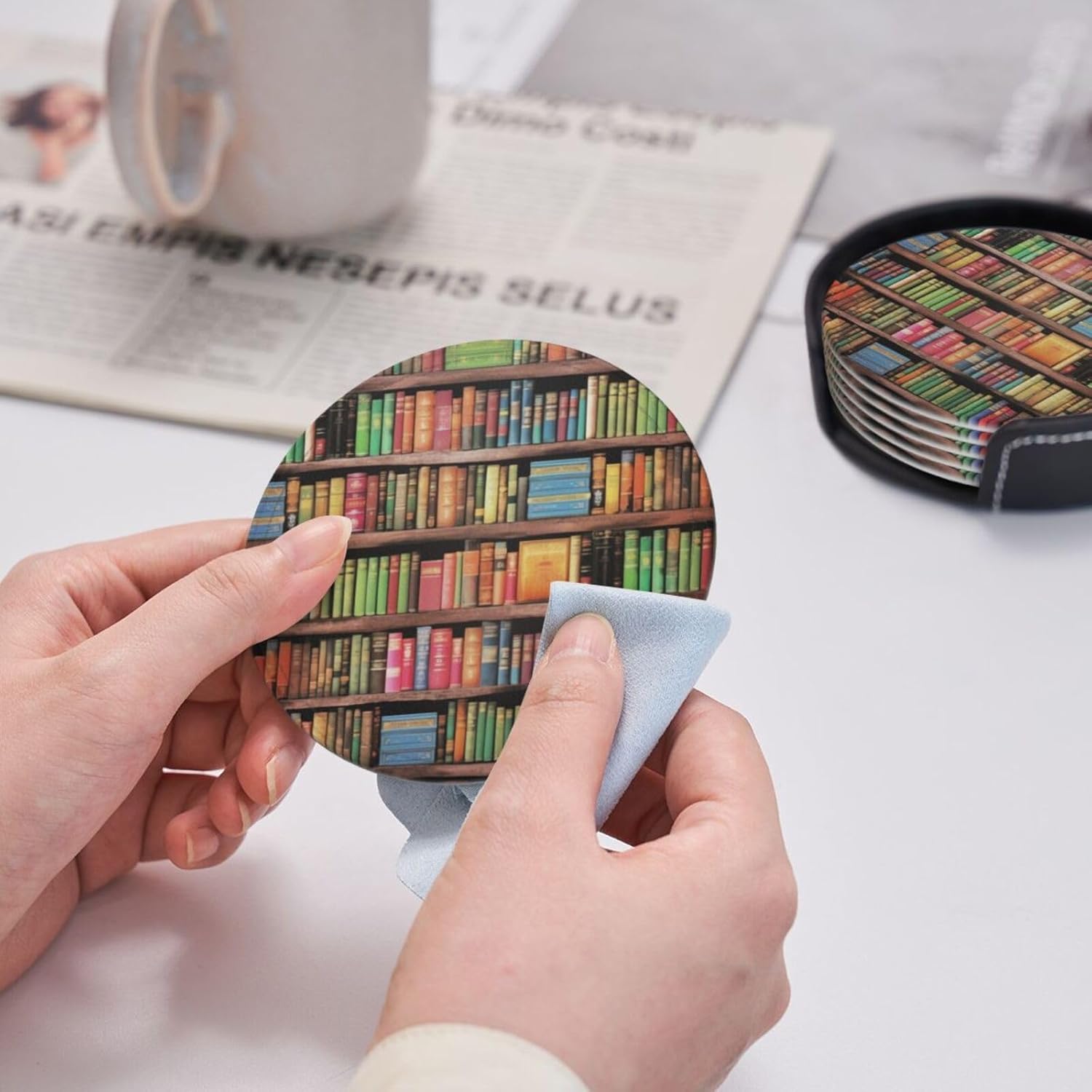 6 Pack Colorful Books Leather Coaster with Holder- Funny Cute Coasters Waterproof Non-Slip for Drinks Wooden Table Kitchen Dining Coffee Bar Decor, Round - Image 6