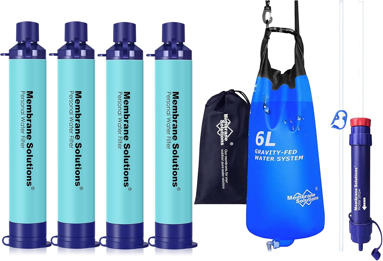 Membrane Solutions Upgrade 5 Stage Water Filter Straw 4 Pack and Gravity Water Filter Pro 6L, 0.1-Micron Versatile Water Purifier Survival Gear and Equipment for Group Camping Emergency