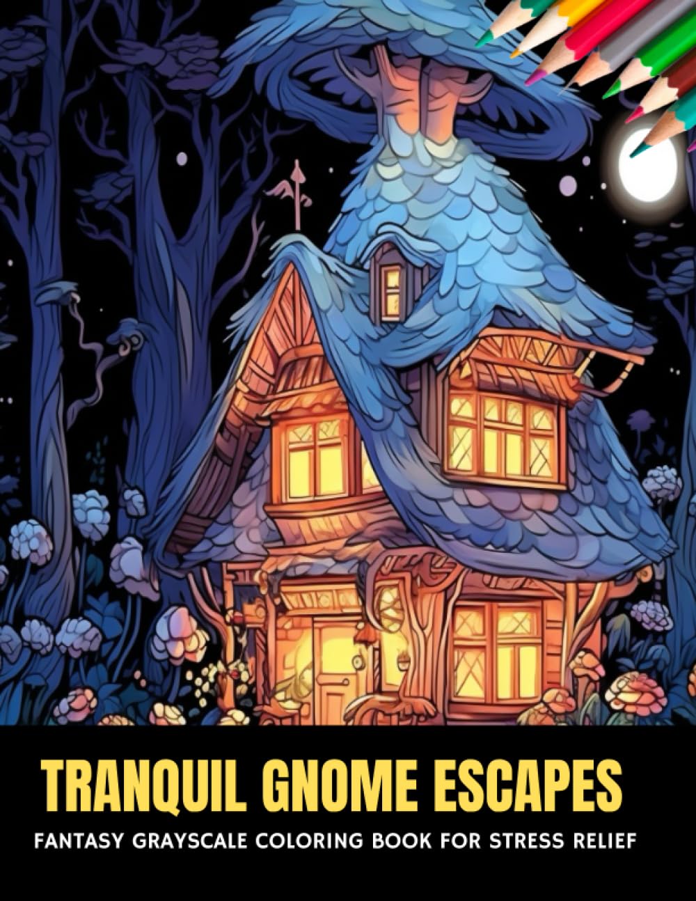 Tranquil Gnome Escapes: Fantasy Grayscale Coloring Book for Stress Relief, 50 pages, 8.5 x 11 inches
