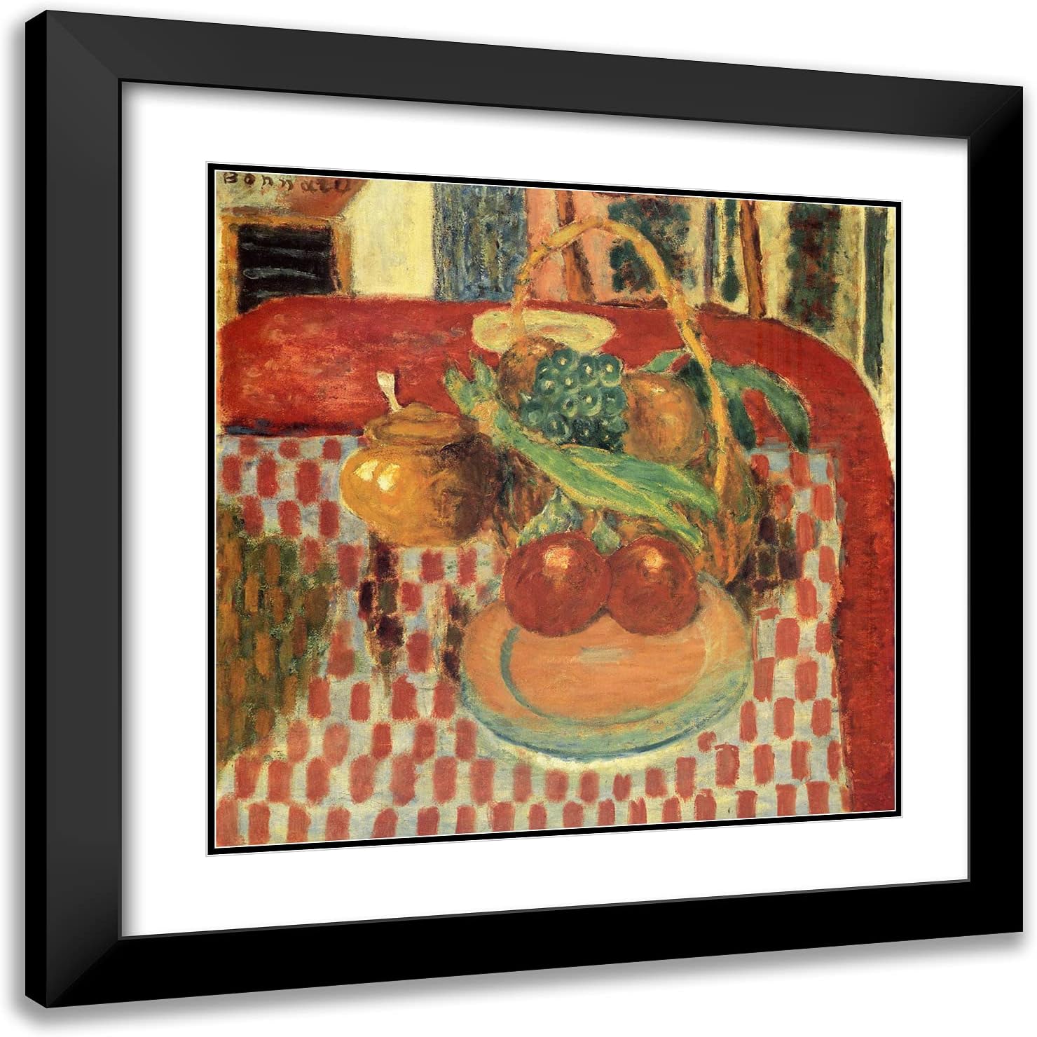 ArtDirect Bonnard, Pierre 20x20 Gold Ornate Framed Art Print with Double Matting Titled: Basket and Plate of Fruit on a Red Checkered Tablecloth