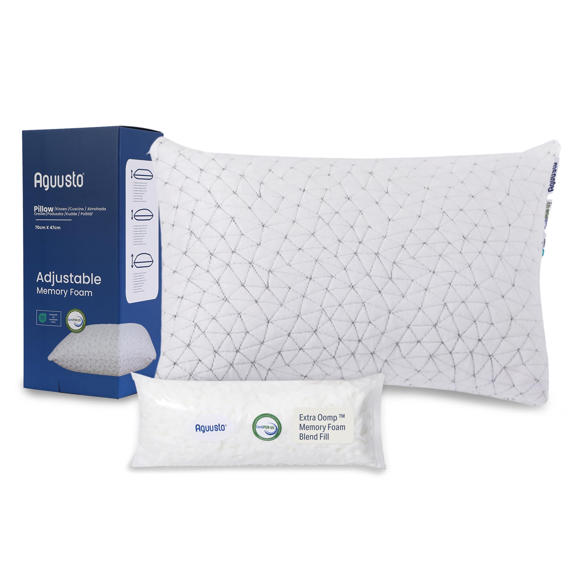 Oficial Almohada de Gel Viscoelástica Premium - Relleno Ajustable - Doble Funda Lavable y Transpirable, para Dormir de Lado, Boca Arriba o Boca Abajo, Memory Foam, Augusto Matrimonial 70cm