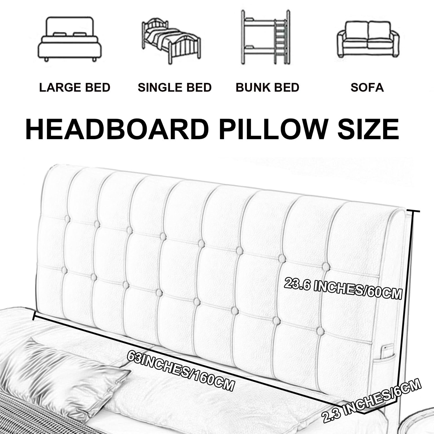 Cabecero tapizado grande de piel sintética con funda extraíble para dormitorio, litera, soporte lumbar caqui, correas de respaldo incluidas, 63 x 23 x 2 pulgadas