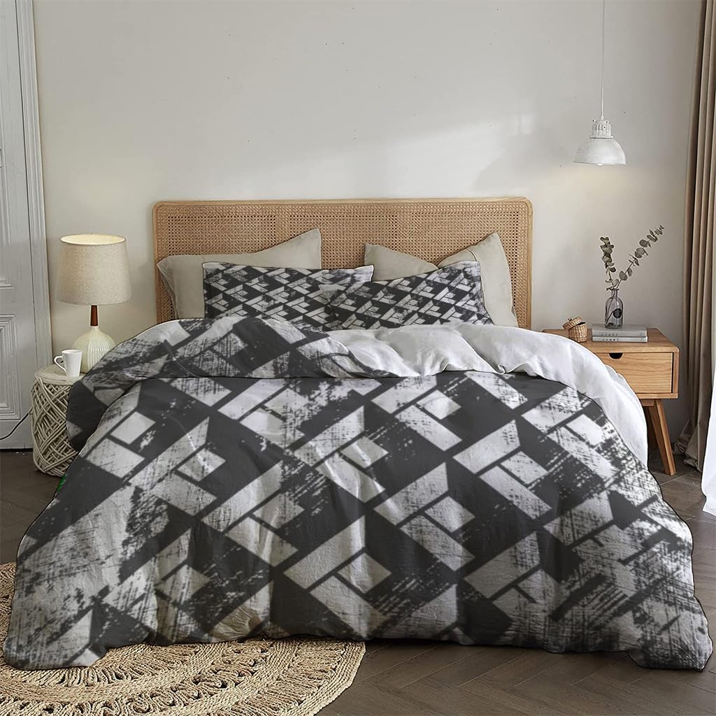 NIBAINLO 布団カバー抽象的な正方形の白黒背景 肌に優しい ピーチスキン加工 掛け布団カバー 和式 洋式 あったか 布団カバーセット リバーシブル ホームステイ ホテル 家庭兼用