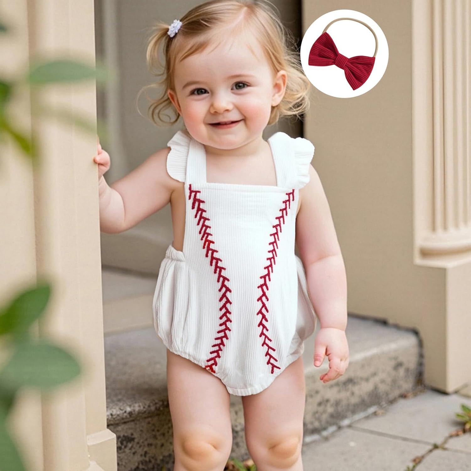 Infant Baby Girl Baseball Outfit Ruffle Sleeveless Bubble Romper Corduroy Overalls Bodysuit Newborn Summer Clothes - Image 2